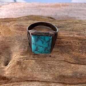 Sterling Silver Turquoise Matrix Signet Ring Size 10 7.2g Mens Unisex Square
